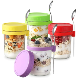FOUKUS 4 Pack Overnight Oats Containers with Lids and Spoons, 16 oz Glass Mason Overnight Oats Jars, Large Capacity Airtight Jars for Milk, Cereal, Fruit