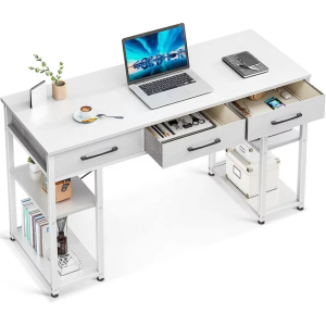 FOUKUS Office Small Computer Desk: Home Table with Fabric Drawers & Storage Shelves, Modern Writing Desk, White, 48"x16"