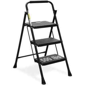 FOUKUS 3 Step Ladder, Folding Step Stool with Wide Anti-Slip Pedal, 500lbs Sturdy Steel Ladder, Convenient Handgrip, Lightweight, Portable Steel Step Stool, Black