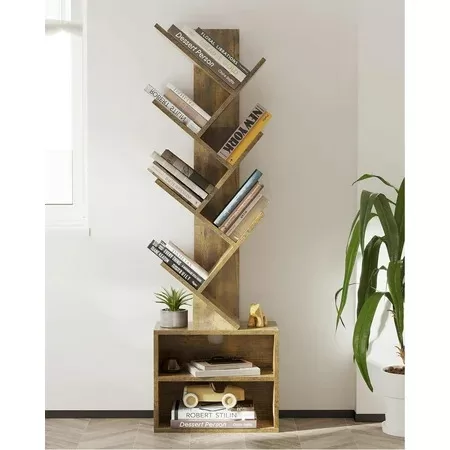 GGOW 6 Tier Tree Bookshelf, Small Bookcase with Storage Cabinet, Modern Tall Narrow Bookshelves Organizer, Floor Standing Book Shelf for Bedroom/Living Room/Home Office Corner, Rustic Brown