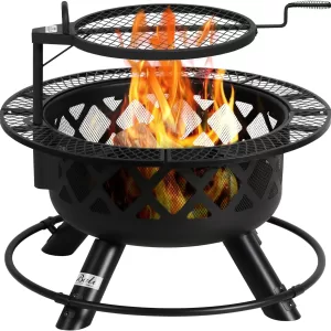 GGOW Outdoor Wood Burning Fire Pit with Removable Cooking Grill, Grate and Poker for Garten BBQ Patio Bonfire Camping, Black, 32in