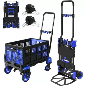 GGOW 2 in 1 Folding Hand Truck with Folding Basket, Heavy Duty Hand Truck Dolly 330lbs Capacity with Telescoping Handle and Rubber Wheels, Portable Dolly Cart with Bungee Cords for Moving.