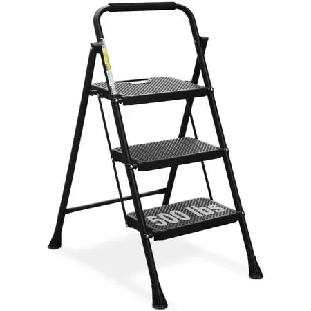 GGOW 3 Step Ladder, Folding Step Stool with Wide Anti-Slip Pedal, 500lbs Sturdy Steel Ladder, Convenient Handgrip, Lightweight, Portable Steel Step Stool, Black