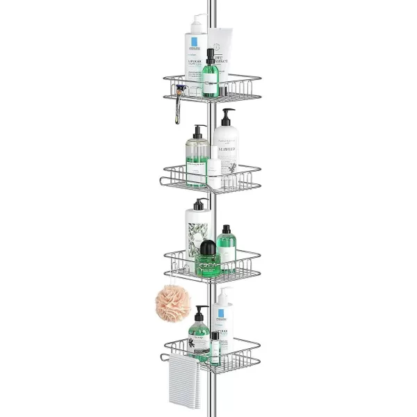 GGOW Rustproof Shower Corner Caddy Organizer for Bathroom, Freestanding Tension Pole with 4 Baskets, for Bathtub Shampoo Storage, 61.3 to 113 Inch Height