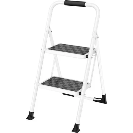 GGOW Step Ladder, 2 Step Stool for Adults,2 Step Ladder Folding Step Stool with Cushioned Handle,330 lbs Capacity,Step Ladder with Wide Anti-Slip Pedal Ergonomic Design,White